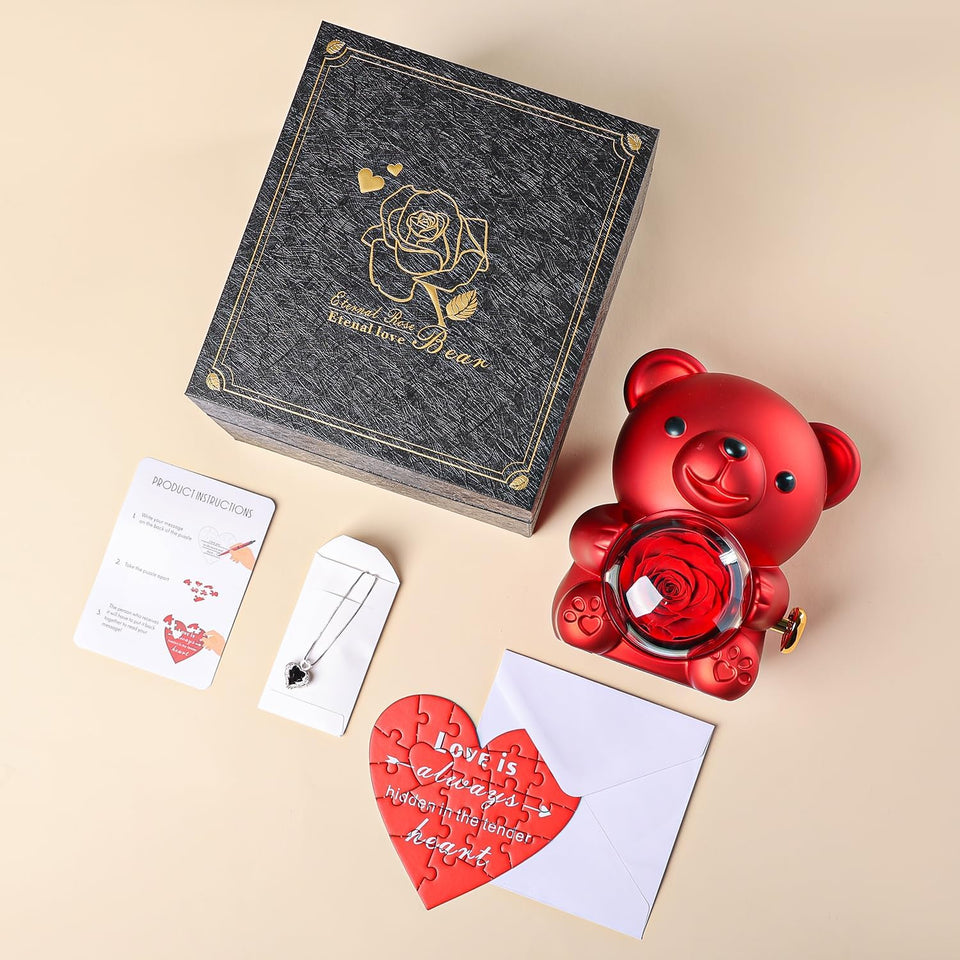 Ours En Rose Éternelle Avec Collier Personnalisé
