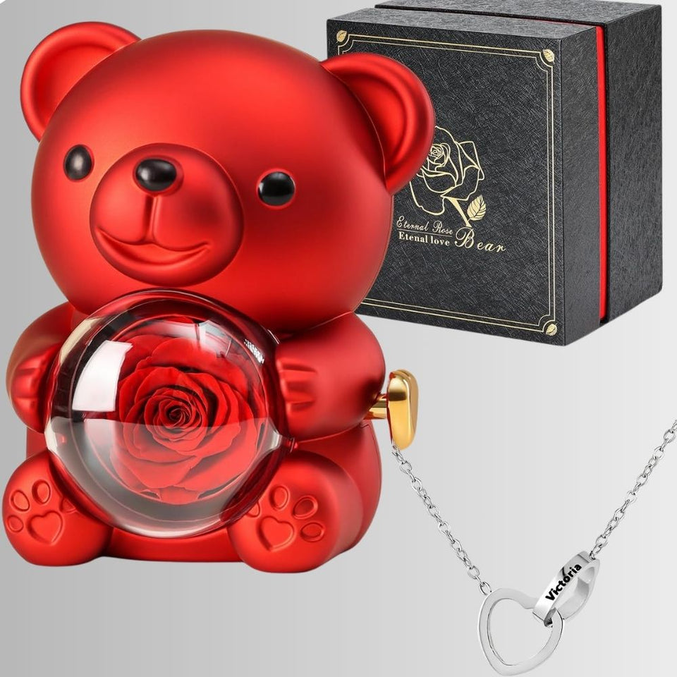 Ours En Rose Éternelle Avec Collier Personnalisé